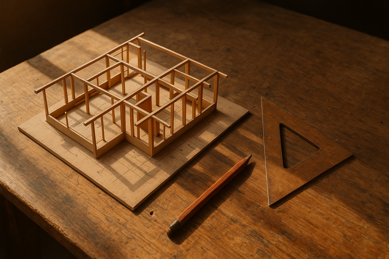 Architectural model on a warm oak workbench